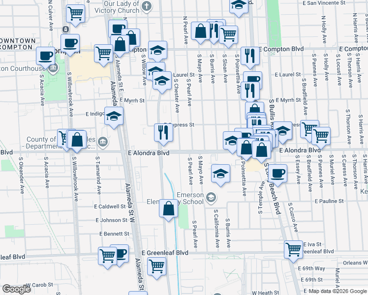 map of restaurants, bars, coffee shops, grocery stores, and more near 805 South Pearl Avenue in Compton