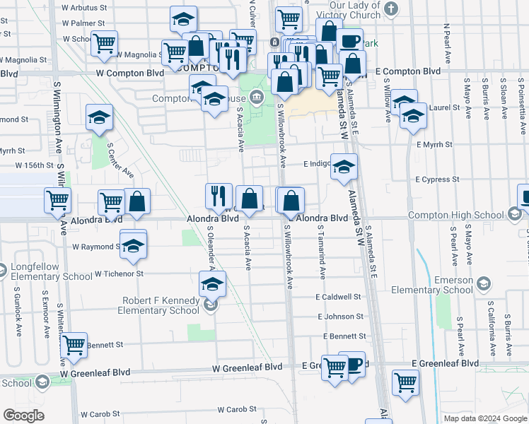 map of restaurants, bars, coffee shops, grocery stores, and more near 217 West Cocoa Street in Compton