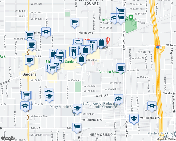 map of restaurants, bars, coffee shops, grocery stores, and more near 15610 Normandie Avenue in Gardena