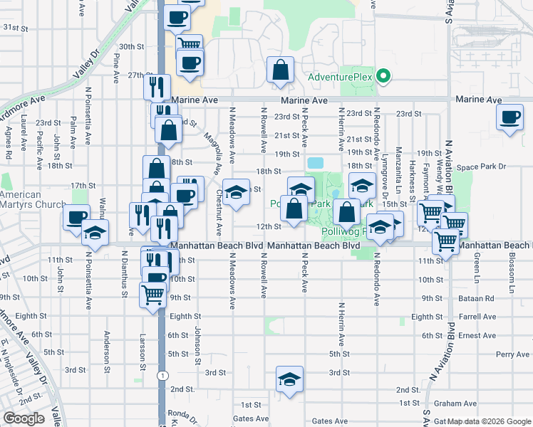 map of restaurants, bars, coffee shops, grocery stores, and more near 1421 15th Street in Manhattan Beach