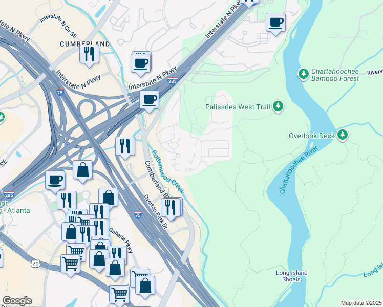 map of restaurants, bars, coffee shops, grocery stores, and more near 3712 Chattahoochee Summit Drive Southeast in Atlanta