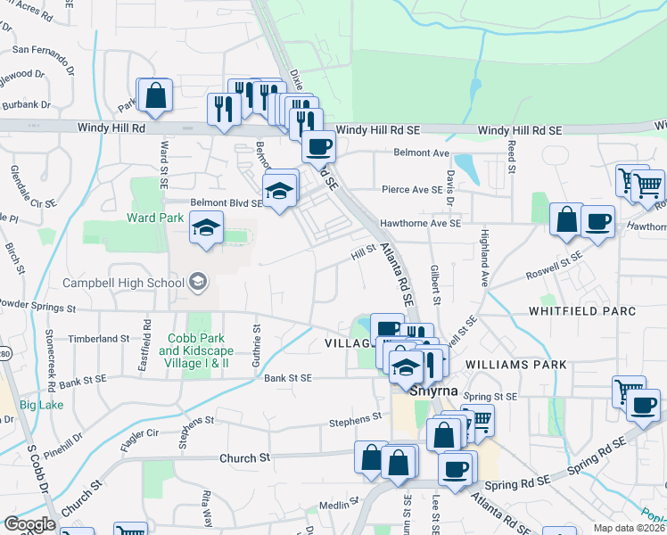 map of restaurants, bars, coffee shops, grocery stores, and more near 1154 Fleming Street in Smyrna