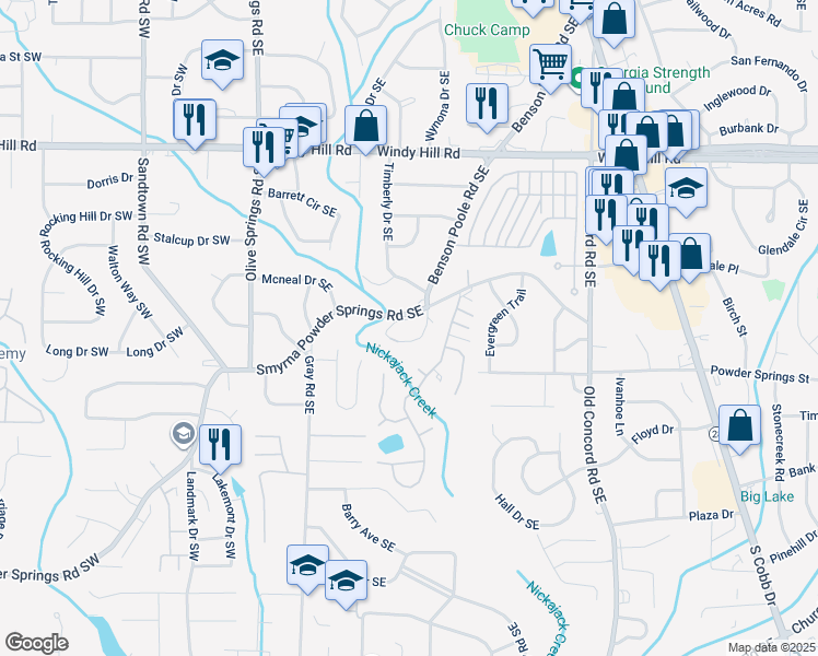 map of restaurants, bars, coffee shops, grocery stores, and more near 195 Smyrna Powder Springs Road Southeast in Smyrna