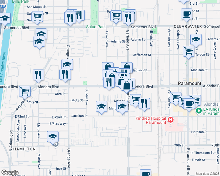 map of restaurants, bars, coffee shops, grocery stores, and more near 7247 Alondra Boulevard in Paramount