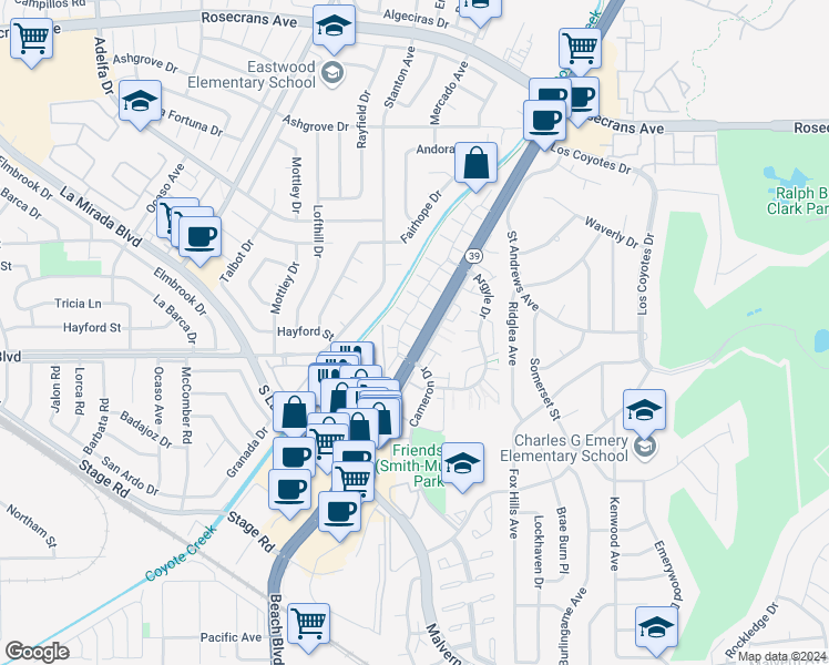 map of restaurants, bars, coffee shops, grocery stores, and more near 4981 Avila Way in Buena Park