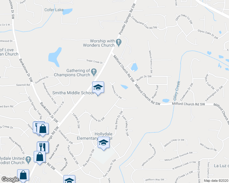 map of restaurants, bars, coffee shops, grocery stores, and more near 2595 Hencley Circle Southwest in Marietta