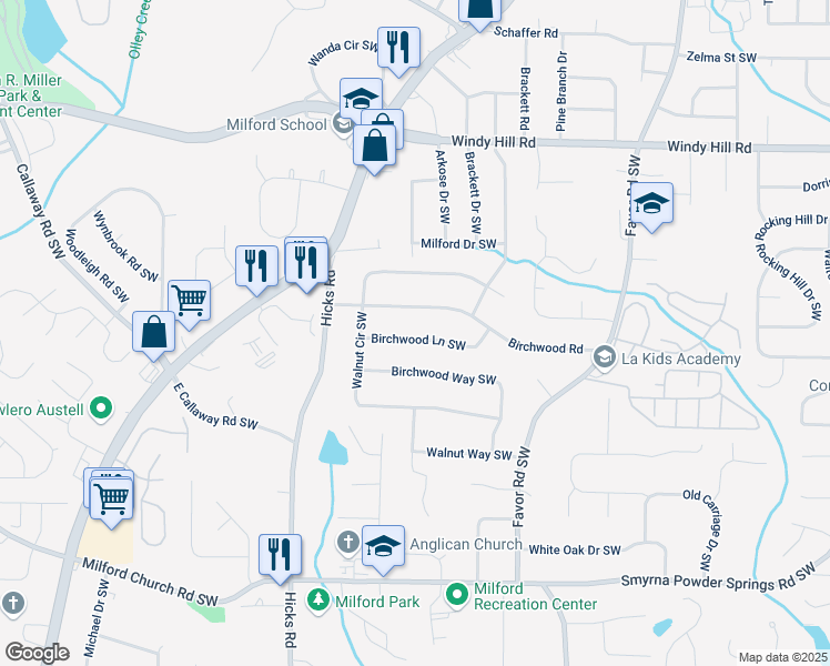 map of restaurants, bars, coffee shops, grocery stores, and more near 718 Birchwood Lane Southwest in Marietta
