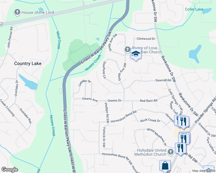 map of restaurants, bars, coffee shops, grocery stores, and more near 2619 Deerfield Circle in Marietta