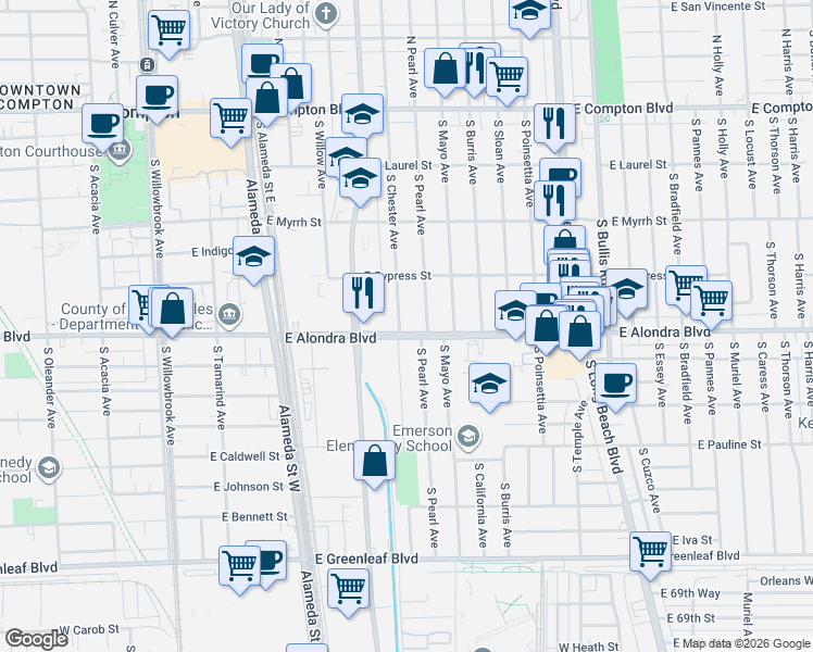 map of restaurants, bars, coffee shops, grocery stores, and more near 822 South Chester Avenue in Compton