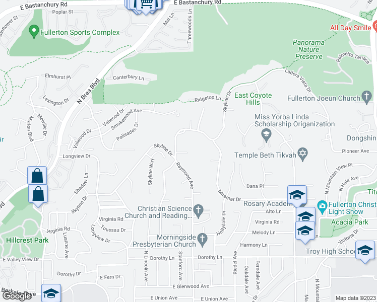 map of restaurants, bars, coffee shops, grocery stores, and more near 1217 Linda Lane in Fullerton