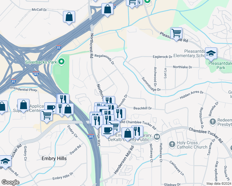 map of restaurants, bars, coffee shops, grocery stores, and more near Thornewood Drive in Atlanta