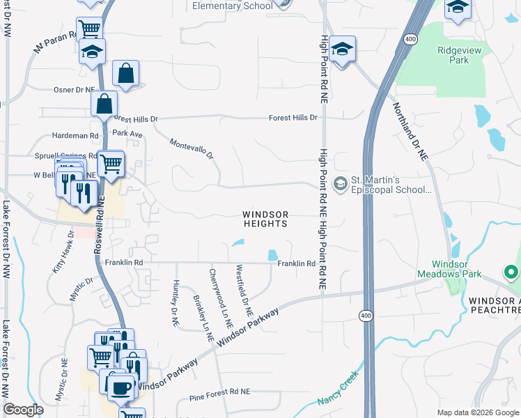 map of restaurants, bars, coffee shops, grocery stores, and more near 480 Highbrook Drive Northeast in Atlanta