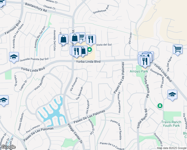 map of restaurants, bars, coffee shops, grocery stores, and more near 20665 Vía Tapaste in Yorba Linda