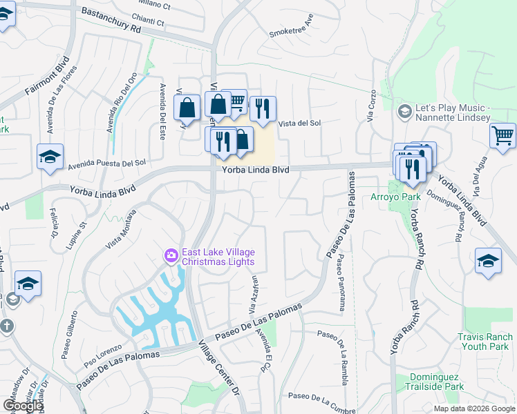 map of restaurants, bars, coffee shops, grocery stores, and more near 20605 Vía Tapaste in Yorba Linda