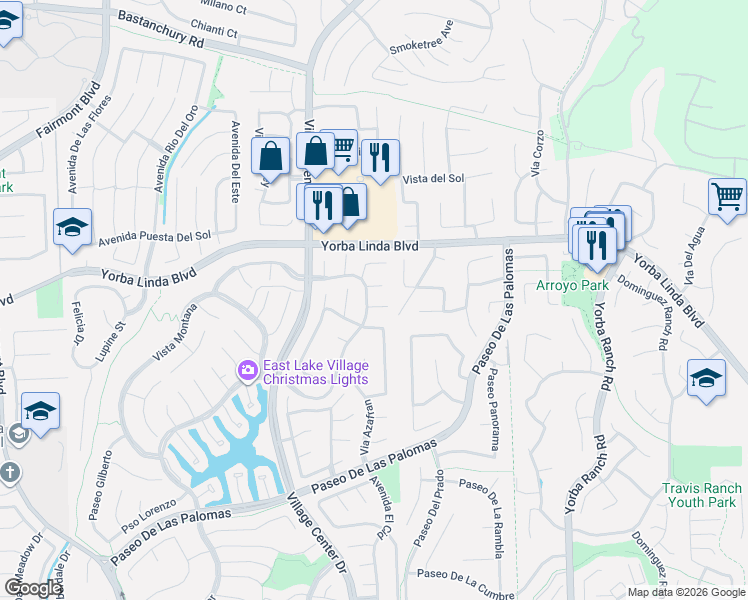 map of restaurants, bars, coffee shops, grocery stores, and more near 20625 Vía Escoba in Yorba Linda