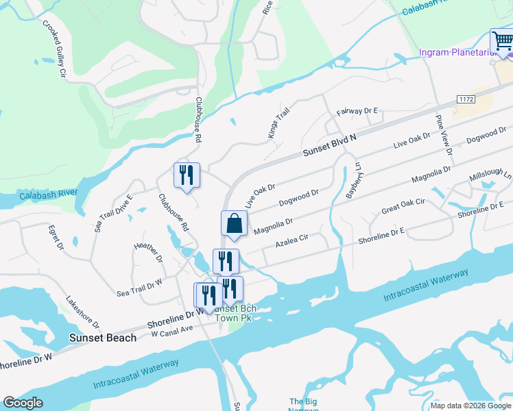 map of restaurants, bars, coffee shops, grocery stores, and more near 206 Live Oak Drive in Sunset Beach