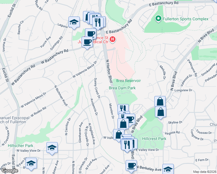 map of restaurants, bars, coffee shops, grocery stores, and more near 1530 Robin Way in Fullerton