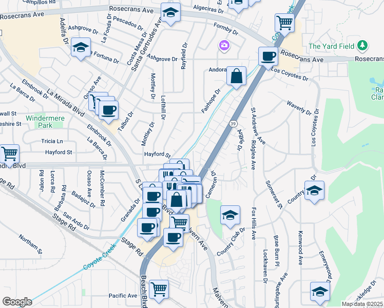 map of restaurants, bars, coffee shops, grocery stores, and more near 5001 Beach Boulevard in Buena Park