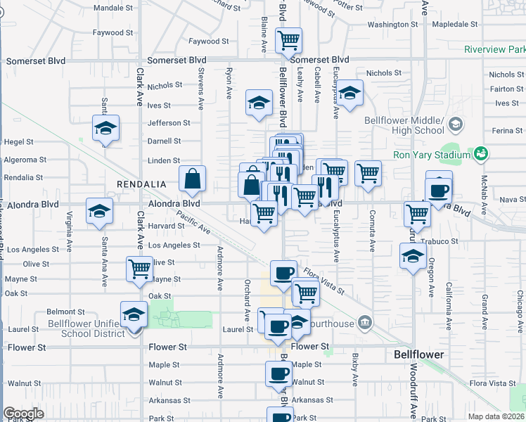 map of restaurants, bars, coffee shops, grocery stores, and more near 9727 Alondra Boulevard in Bellflower