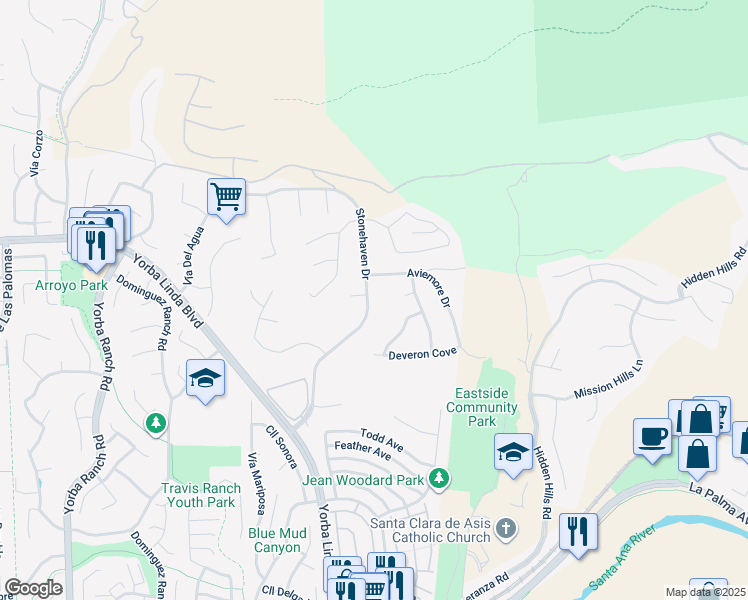 map of restaurants, bars, coffee shops, grocery stores, and more near 5000 Stonehaven Drive in Yorba Linda
