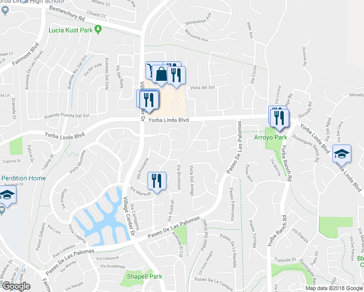 map of restaurants, bars, coffee shops, grocery stores, and more near 20665 Vía Tapaste in Yorba Linda