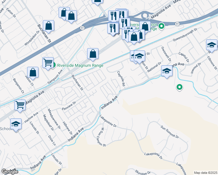 map of restaurants, bars, coffee shops, grocery stores, and more near 12149 Indiana Avenue in Riverside
