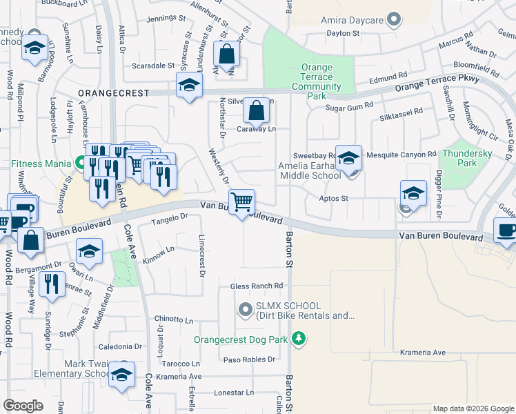 map of restaurants, bars, coffee shops, grocery stores, and more near 19954 Westerly Drive in Riverside