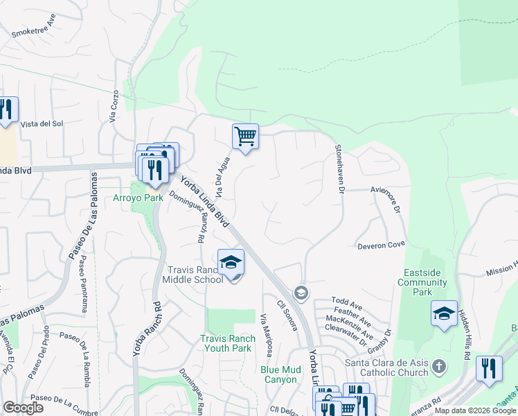 map of restaurants, bars, coffee shops, grocery stores, and more near 21620 Brisbane Way in Yorba Linda