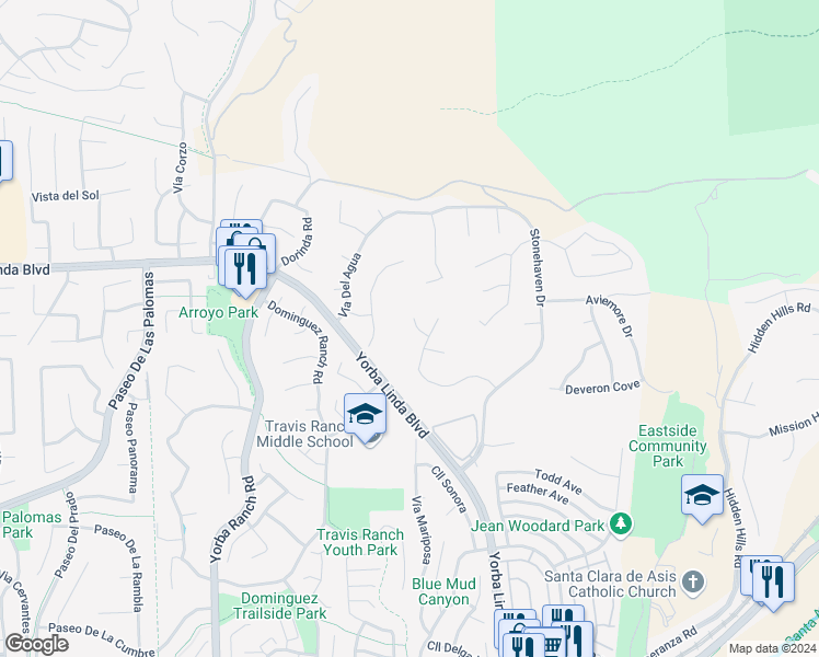 map of restaurants, bars, coffee shops, grocery stores, and more near 21620 Brisbane Way in Yorba Linda