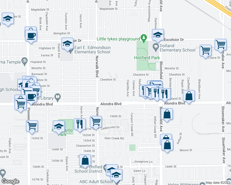 map of restaurants, bars, coffee shops, grocery stores, and more near 15620 Belshire Avenue in Norwalk