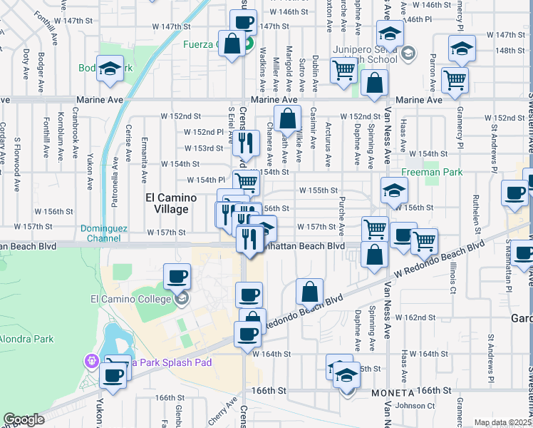 map of restaurants, bars, coffee shops, grocery stores, and more near 2824 West 156th Street in Gardena