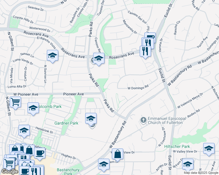 map of restaurants, bars, coffee shops, grocery stores, and more near 1740 West Las Lanas Lane in Fullerton