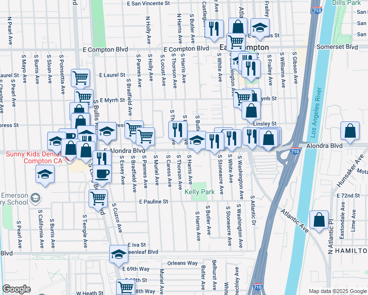 map of restaurants, bars, coffee shops, grocery stores, and more near 2213 East Alondra Boulevard in Compton