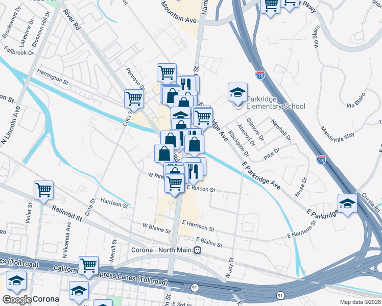 map of restaurants, bars, coffee shops, grocery stores, and more near 624 North Main Street in Corona