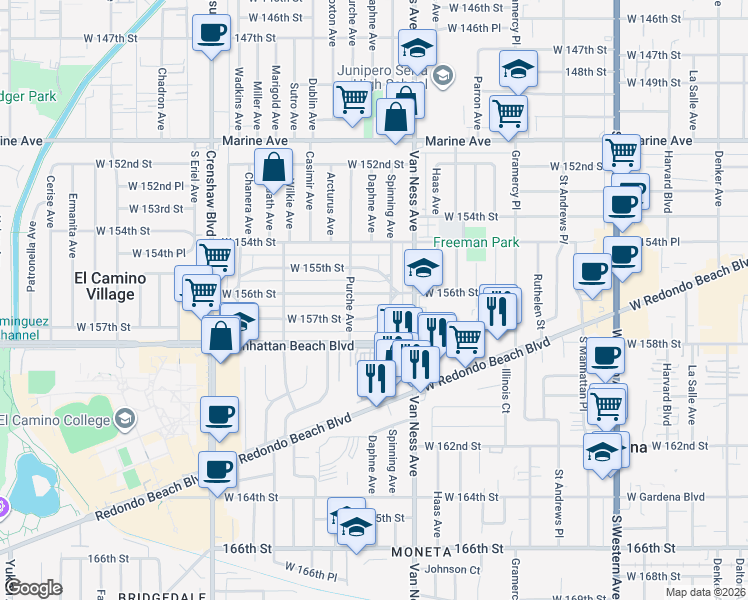 map of restaurants, bars, coffee shops, grocery stores, and more near 2322 West 156th Street in Gardena