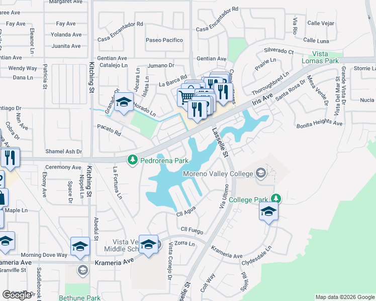 map of restaurants, bars, coffee shops, grocery stores, and more near 25924 Soaring Seagull Lane in Moreno Valley