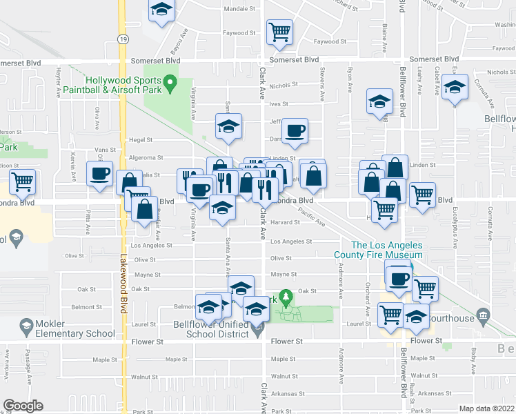 map of restaurants, bars, coffee shops, grocery stores, and more near 9356 Alondra Boulevard in Bellflower