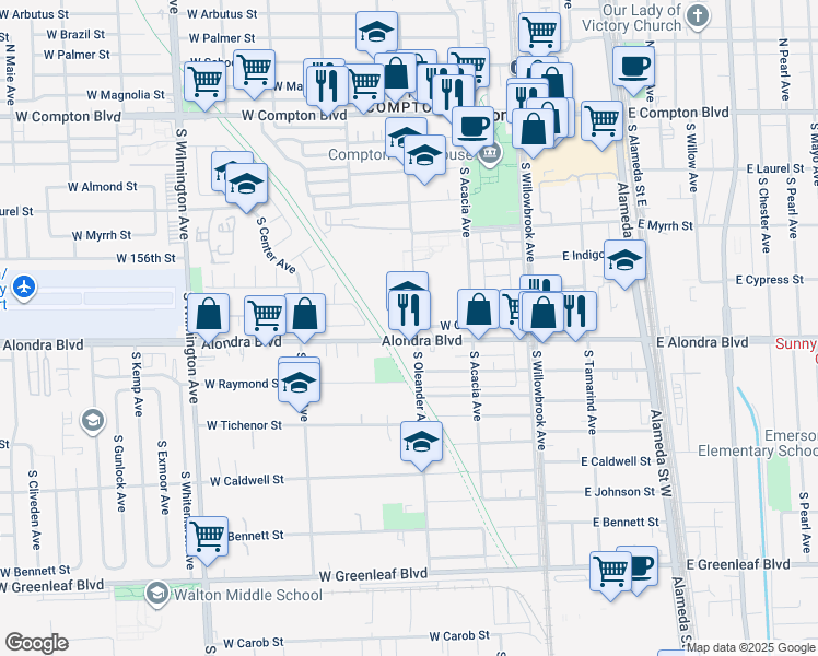 map of restaurants, bars, coffee shops, grocery stores, and more near 417 West Alondra Boulevard in Compton