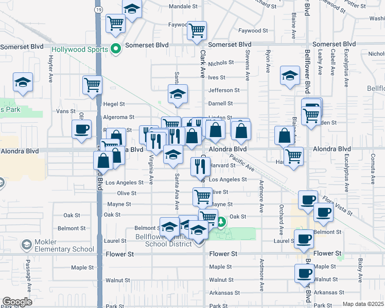 map of restaurants, bars, coffee shops, grocery stores, and more near 9334 Alondra Boulevard in Bellflower
