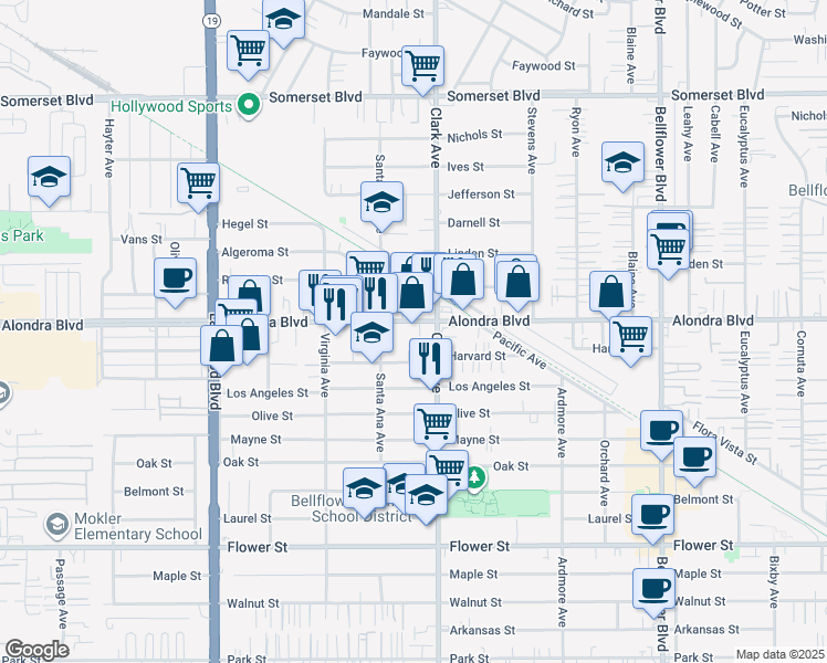 map of restaurants, bars, coffee shops, grocery stores, and more near 9319 Alondra Boulevard in Bellflower