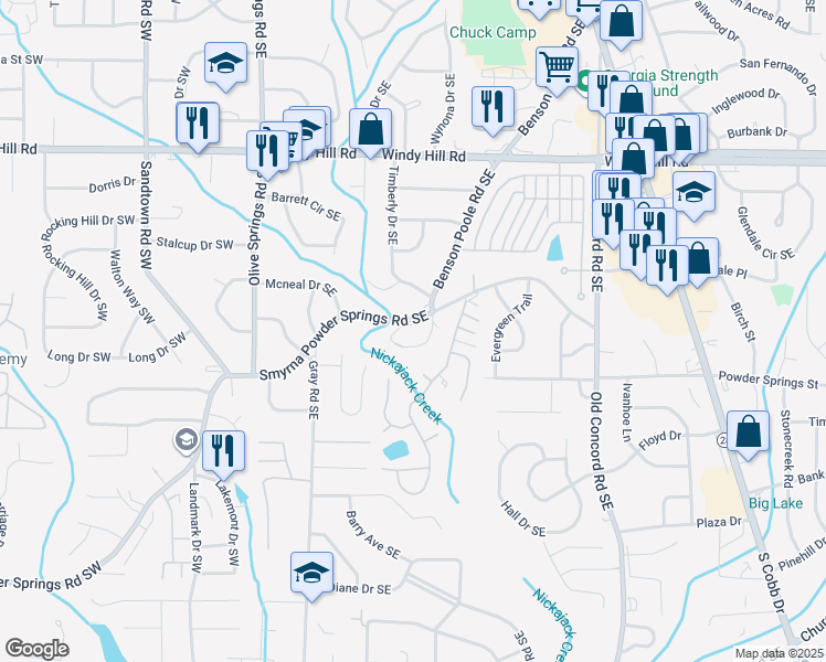 map of restaurants, bars, coffee shops, grocery stores, and more near 195 Smyrna Powder Springs Road Southeast in Smyrna