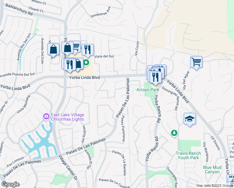 map of restaurants, bars, coffee shops, grocery stores, and more near 20712 Vía Sonrisa in Yorba Linda