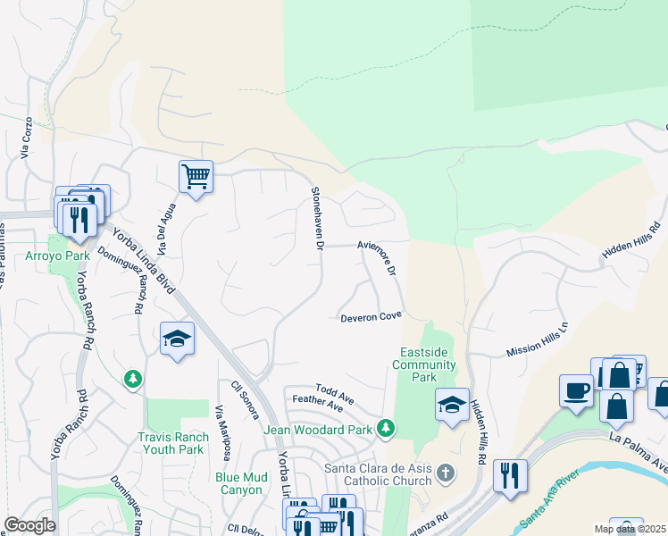 map of restaurants, bars, coffee shops, grocery stores, and more near 5000 Stonehaven Drive in Yorba Linda
