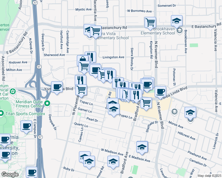 map of restaurants, bars, coffee shops, grocery stores, and more near Yorba Linda Boulevard & Sapphire Road in Fullerton