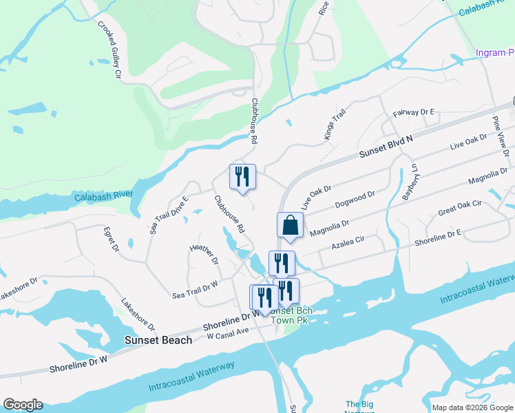 map of restaurants, bars, coffee shops, grocery stores, and more near 502 Sunset Boulevard North in Sunset Beach
