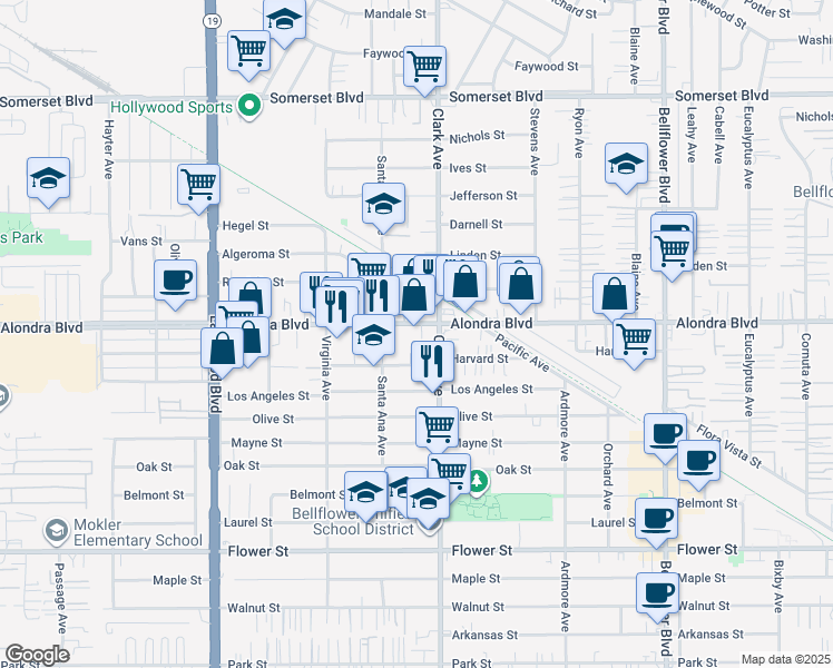 map of restaurants, bars, coffee shops, grocery stores, and more near 9334 Alondra Boulevard in Bellflower