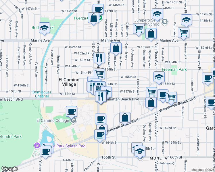 map of restaurants, bars, coffee shops, grocery stores, and more near 2824 West 156th Street in Gardena