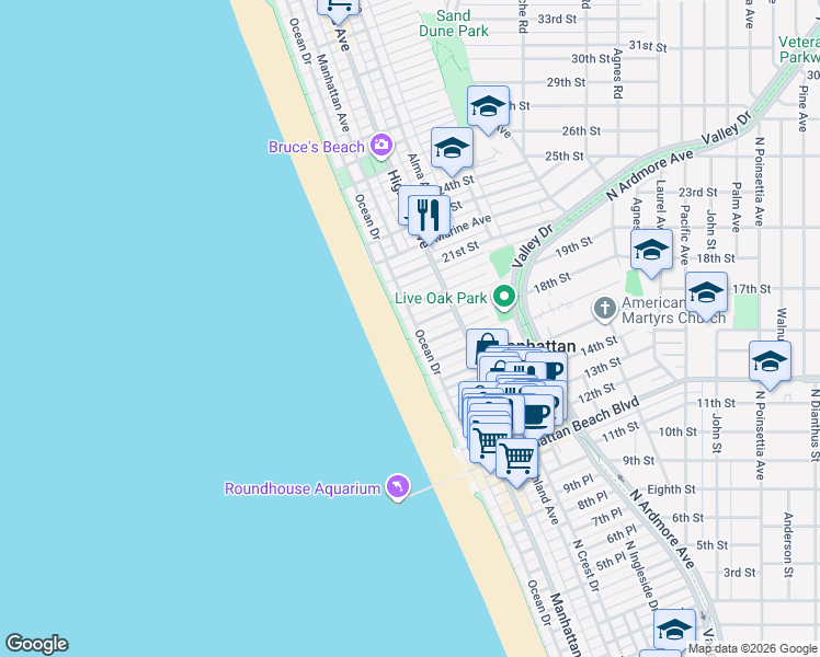 map of restaurants, bars, coffee shops, grocery stores, and more near 1808 The Strand in Manhattan Beach