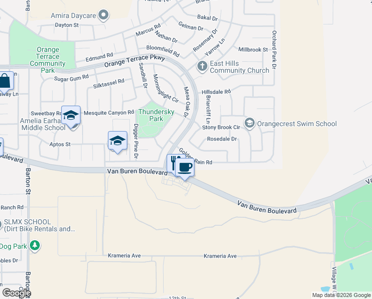 map of restaurants, bars, coffee shops, grocery stores, and more near 20615 Stony Brook Circle in Riverside