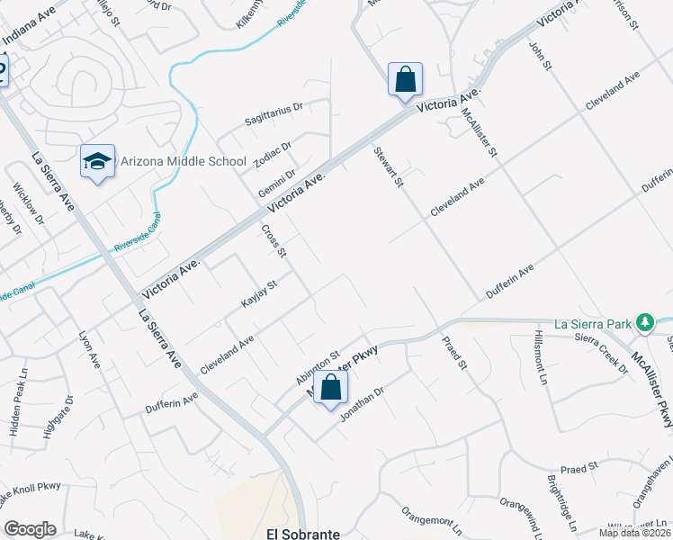 map of restaurants, bars, coffee shops, grocery stores, and more near 2557 Braden Place in Riverside